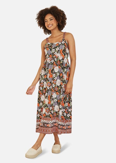 Yumi Multicolour Retro Floral Print Midi Sun Dress With Border Hem