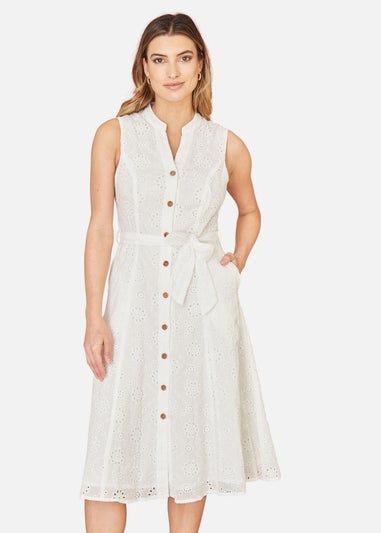 Yumi White Flower Broderie Anglaise Cotton Shirt Dress