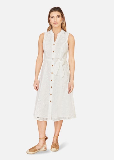 Yumi White Flower Broderie Anglaise Cotton Shirt Dress