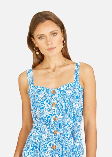 Yumi Blue Paisley leaf Print Midi Sundress