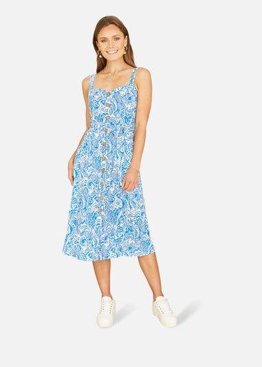 Yumi Blue Paisley leaf Print Midi Sundress