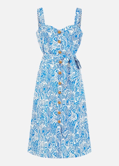 Yumi Blue Paisley leaf Print Midi Sundress