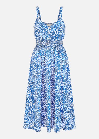 Yumi Blue Animal Print Midi Sundress With Ruched Waist