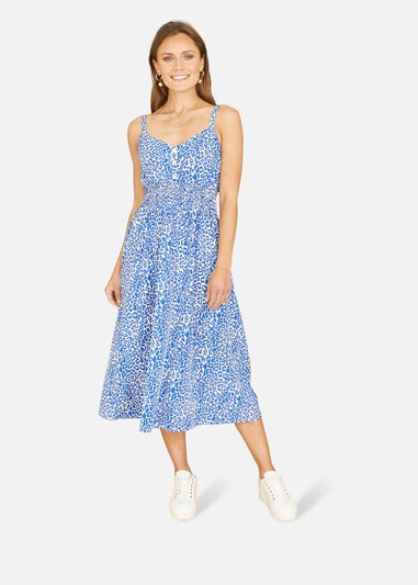 Yumi Blue Animal Print Midi Sundress With Ruched Waist