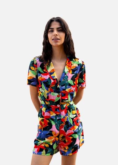 Yumi Multicolour Tropical Leaf Print Playsuit