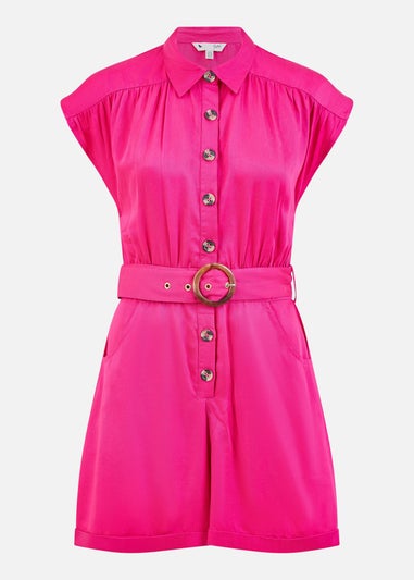 Yumi Pink Twill Cotton Button Up Playsuit With Matching Belt