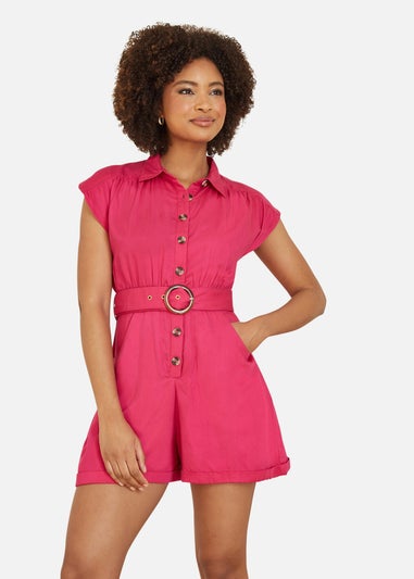 Yumi Pink Twill Cotton Button Up Playsuit With Matching Belt