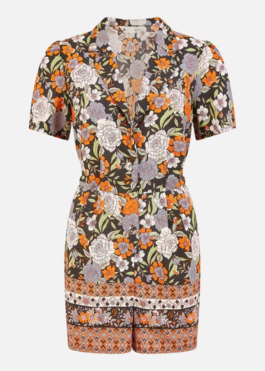 Yumi Multicolour Retro Floral Print Playsuit With Border Hem