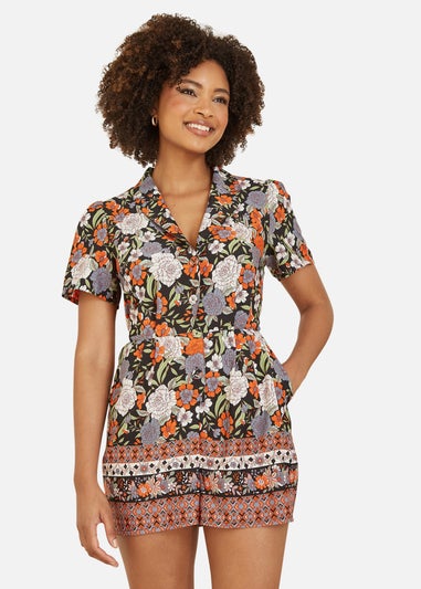 Yumi Multicolour Retro Floral Print Playsuit With Border Hem