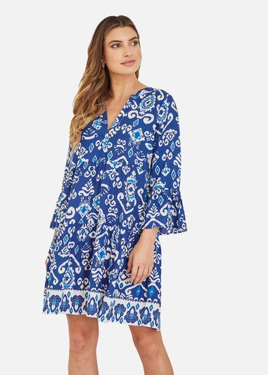 Yumi Blue Ikat Print 3/4 Sleeve Tunic Dress