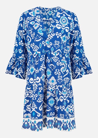 Yumi Blue Ikat Print 3/4 Sleeve Tunic Dress