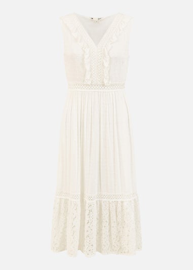 Yumi White Lace And Dobby Cotton Midi Dress