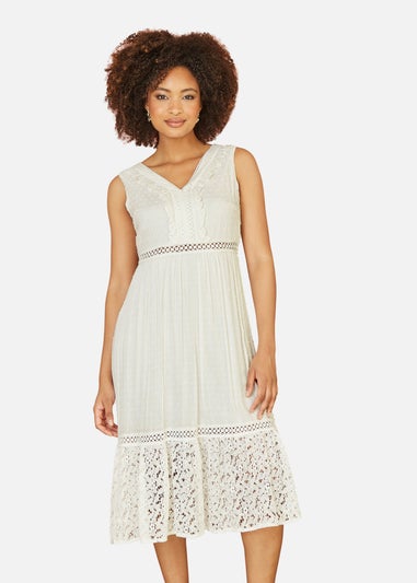 Yumi White Lace And Dobby Cotton Midi Dress