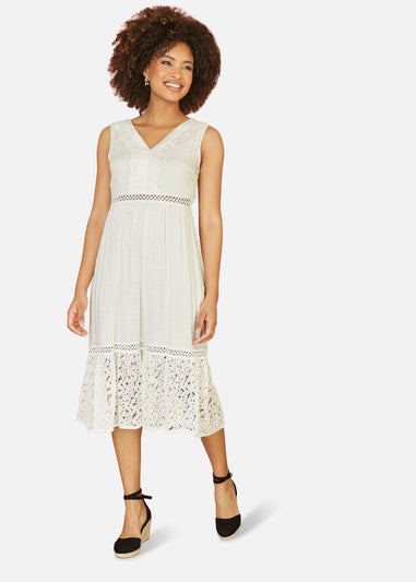 Yumi White Lace And Dobby Cotton Midi Dress