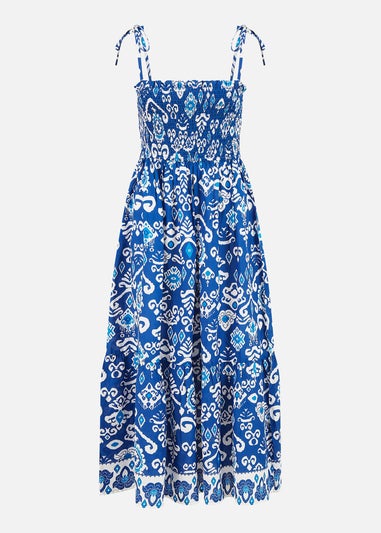 Yumi Blue Ikat Print Midi Sun Dress