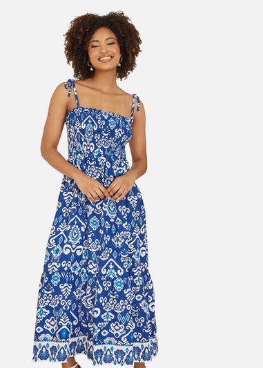 Yumi Blue Ikat Print Midi Sun Dress