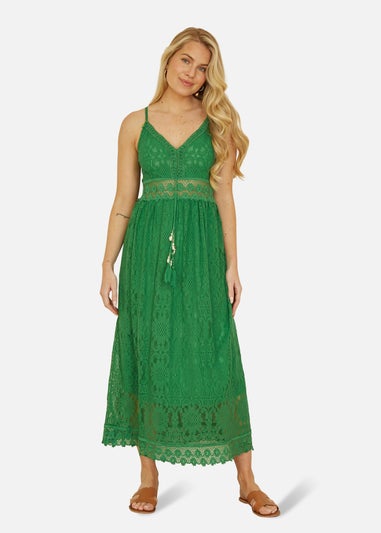 Yumi Green Lace Midi Sundress With Tassel Tie and Ruched Back