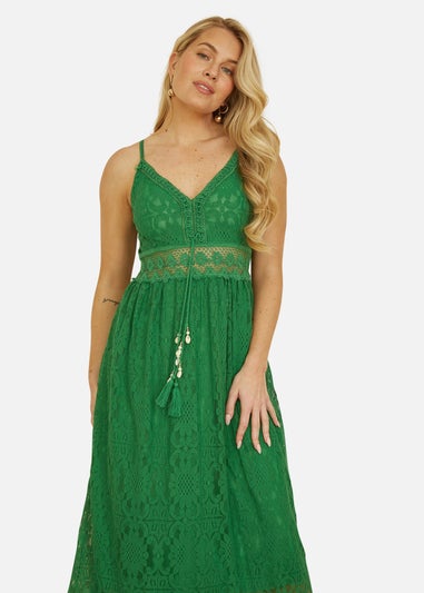 Yumi Green Lace Midi Sundress With Tassel Tie and Ruched Back