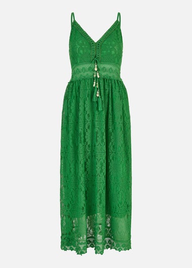 Yumi Green Lace Midi Sundress With Tassel Tie and Ruched Back