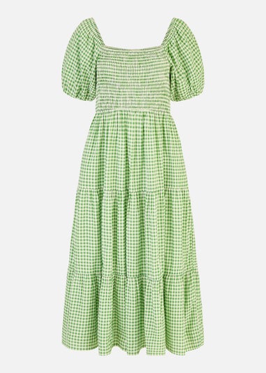 Yumi Green Gingham Smock Puff Sleeve Midi Dress