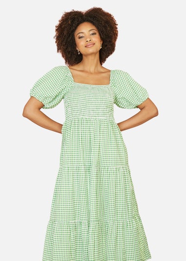 Yumi Green Gingham Smock Puff Sleeve Midi Dress