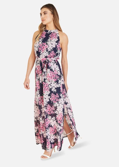 Mela Navy Blossom Halter Neck Maxi Dress With Side Split