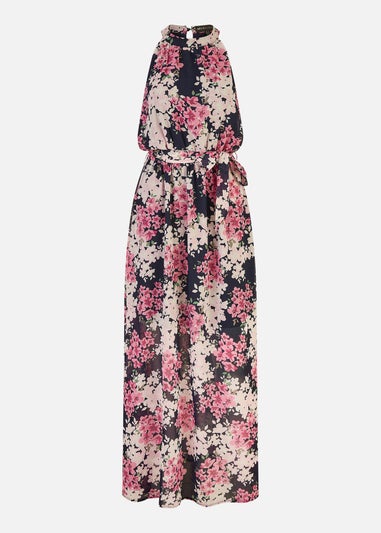 Mela Navy Blossom Halter Neck Maxi Dress With Side Split