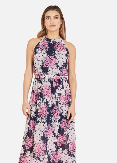 Mela Navy Blossom Halter Neck Maxi Dress With Side Split