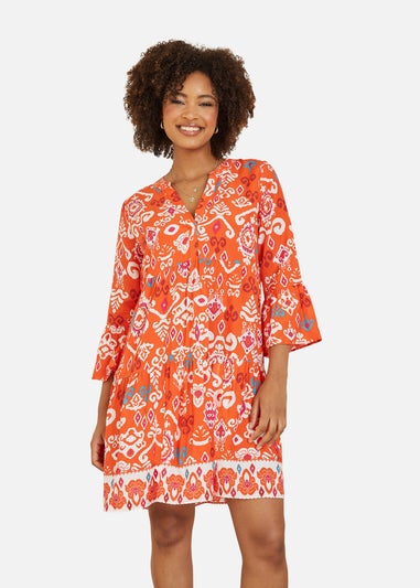 Yumi Orange Ikat Print 3/4 Sleeve Tunic Dress