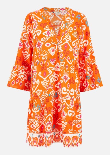 Yumi Orange Ikat Print 3/4 Sleeve Tunic Dress