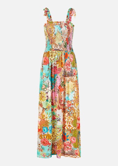 Yumi Multicolour Patchwork Split Hem Maxi Dress With Tie Straps