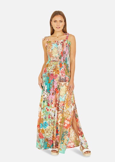 Yumi Multicolour Patchwork Split Hem Maxi Dress With Tie Straps