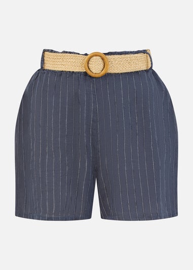 Yumi Navy Striped Italian Linen Shorts With Belt