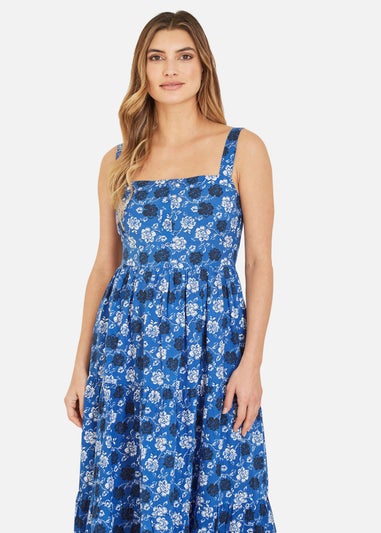 Yumi Blue Cotton Voile Floral Strappy Midi Sun Dress