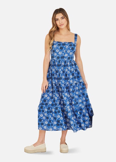 Yumi Blue Cotton Voile Floral Strappy Midi Sun Dress