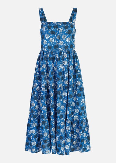 Yumi Blue Cotton Voile Floral Strappy Midi Sun Dress