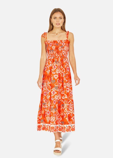 Yumi Orange Ikat Print Midi Sun Dress