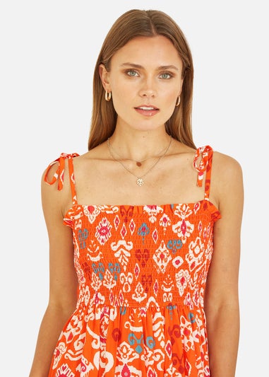 Yumi Orange Ikat Print Midi Sun Dress