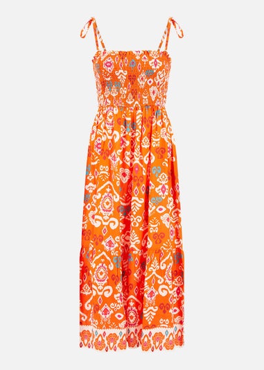 Yumi Orange Ikat Print Midi Sun Dress