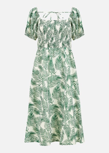 Yumi Green Organic Cotton Palm Print Midi Dress With Side Split