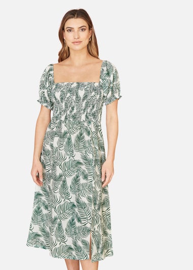 Yumi Green Organic Cotton Palm Print Midi Dress With Side Split