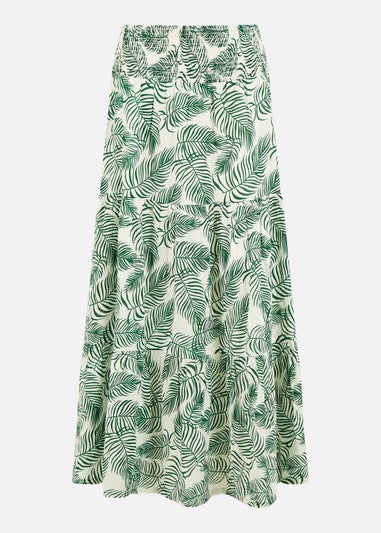 Yumi Green Cotton Voile Palm Leaf Ruched Waist Midi Skirt