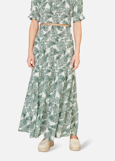 Yumi Green Cotton Voile Palm Leaf Ruched Waist Midi Skirt