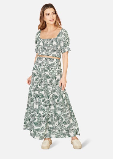 Yumi Green Cotton Voile Palm Leaf Ruched Waist Midi Skirt