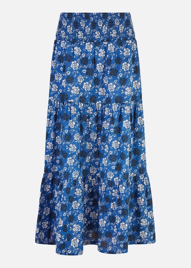 Yumi Blue Cotton Voile Floral Ruched Waist Midi Skirt