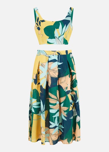 Yumi Multicolour Organic Cotton Leaf Print Midi Skirt