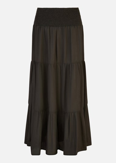 Yumi Black Ruched Waist Tiered Midi Skirt