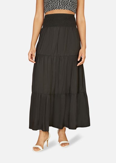 Yumi Black Ruched Waist Tiered Midi Skirt