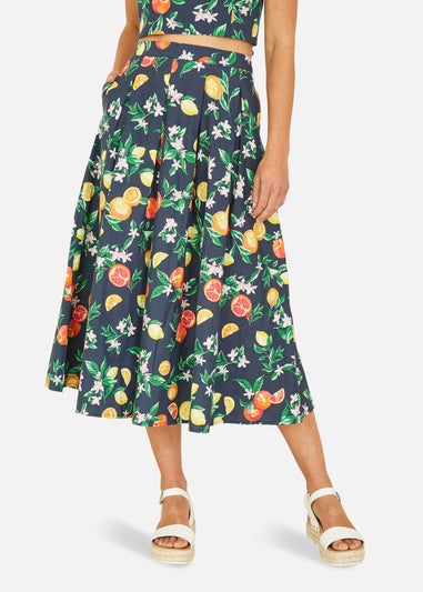 Yumi Navy Organic Cotton Citrus Print Midi Skirt