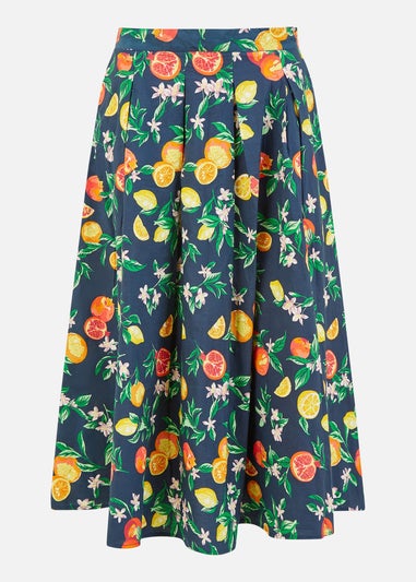 Yumi Navy Organic Cotton Citrus Print Midi Skirt